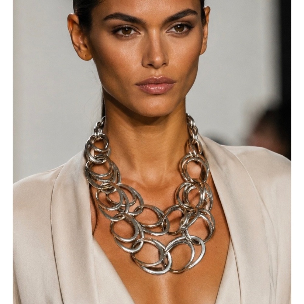 Heavy Chunky Silver Tone Statement Necklace‎ Signed N Oversized Links 222g